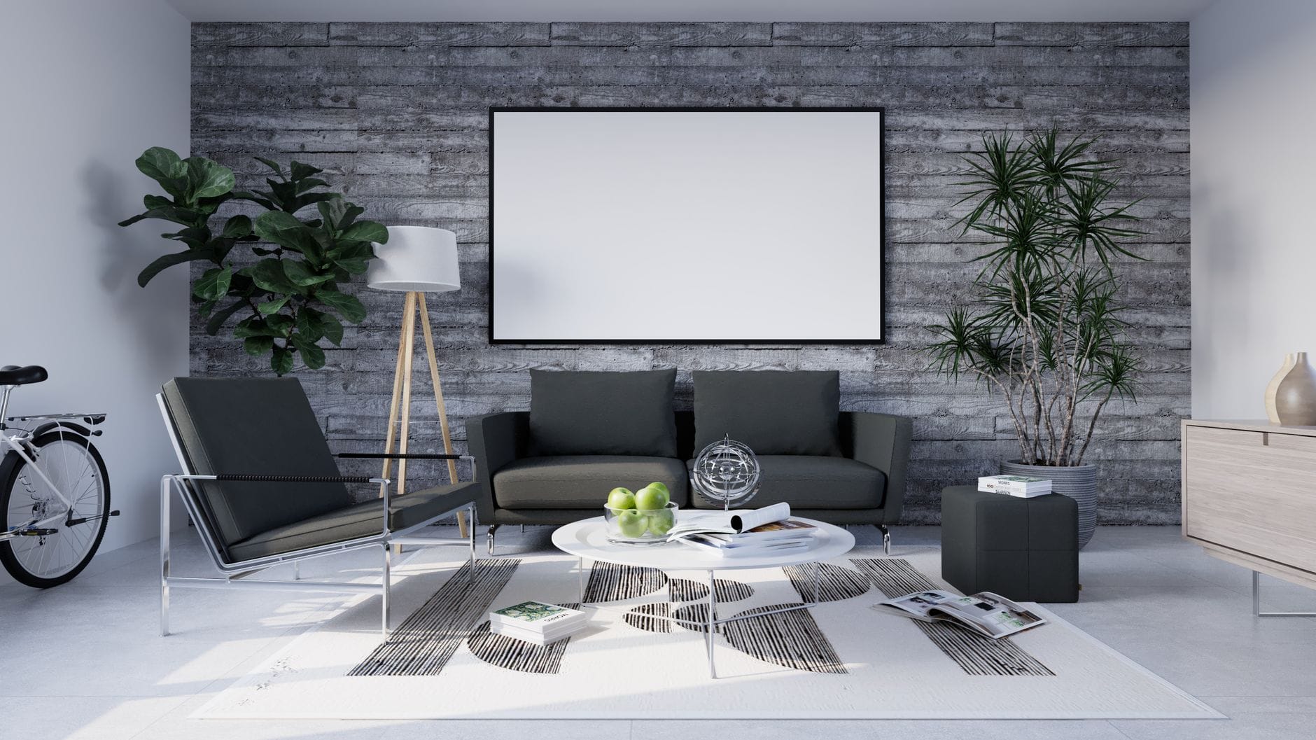 Nowoczesny, minimalistyczny salon w szarościach z betonową ścianą i podłogą